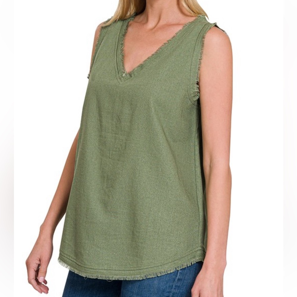 Linen Frayed Edge V-Neck Sleeveless Top Olive Green